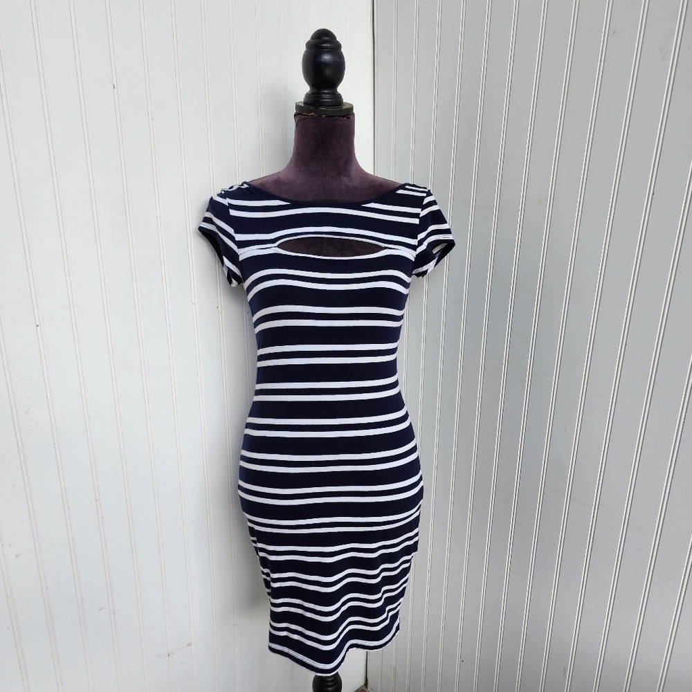 Guess Navy Blue Black Striped Stretch Womens Bodycon Dress Open Back Sz S